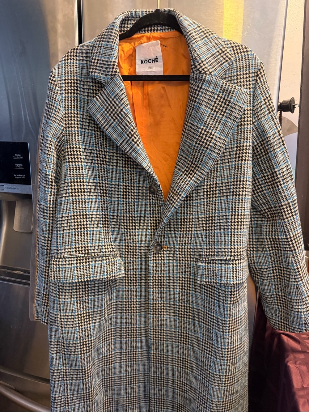 Plaid Trench Coat in Black, White & Blue with Orange Lining
